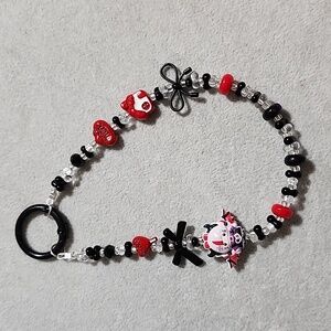Black, Red and White Beaded Phone Bracelet/ Bag Charm